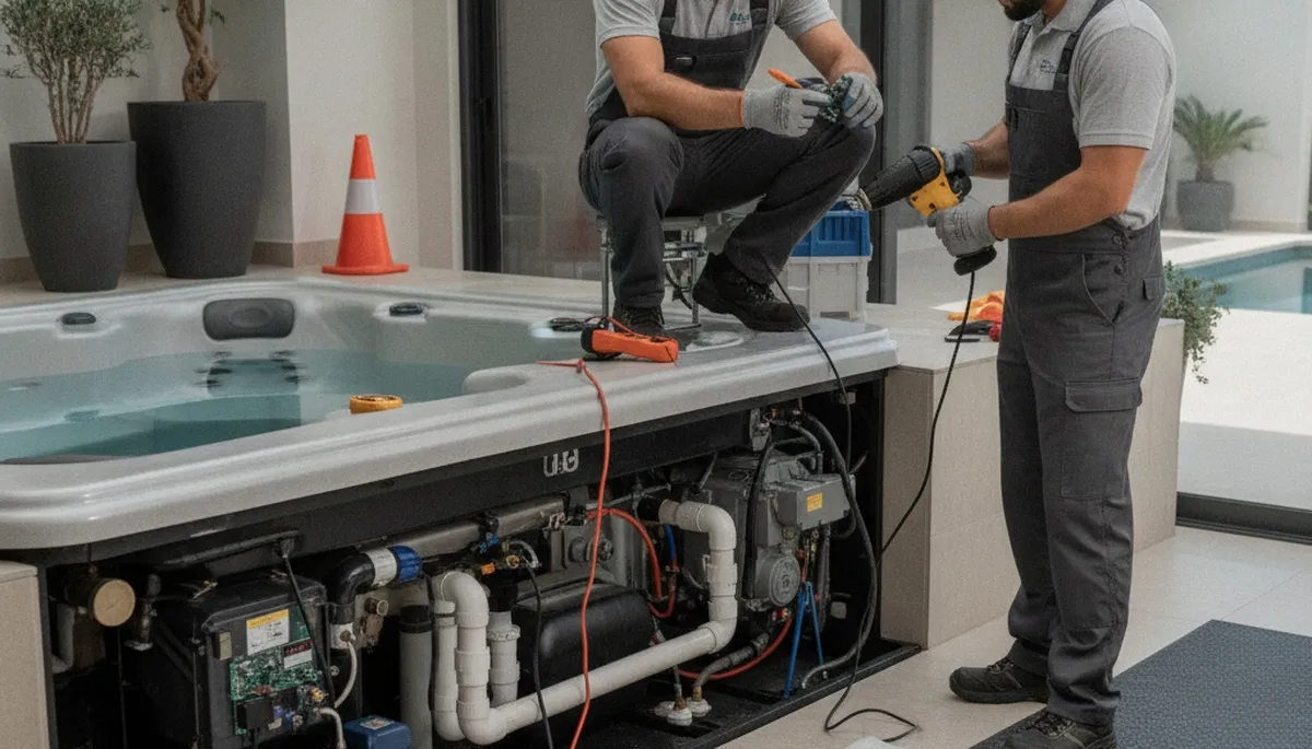 Spa repair technician in Hoboken, NJ fixing plumbing connections for a home's spa