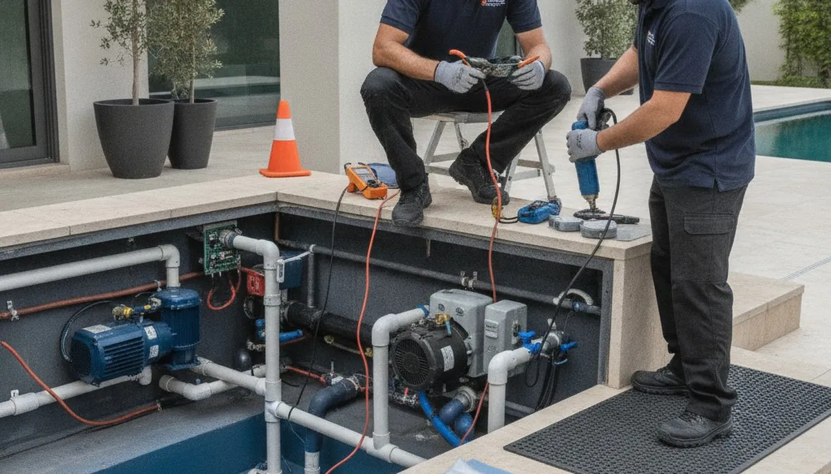 Hoboken, NJ plumber repairing a home spa plumbing connection for reliable service